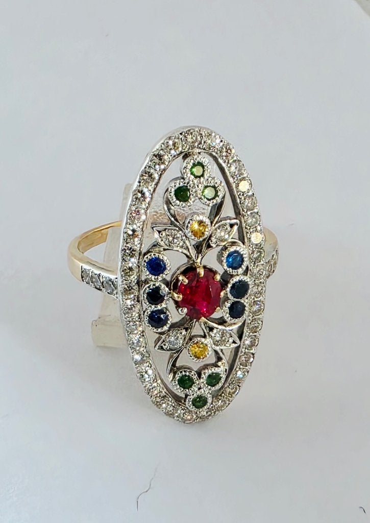 Exclusieve antieke ring:spinel, saffieren,tsavoriet, diam, Ophalen of Verzenden, Zo goed als nieuw, 17 tot 18, Dame