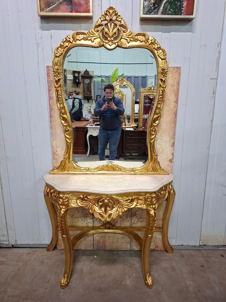 Klassieke goudkleurige sidetable met spiegel, haltafel,, Ophalen of Verzenden, 50 tot 100 cm, Minder dan 100 cm