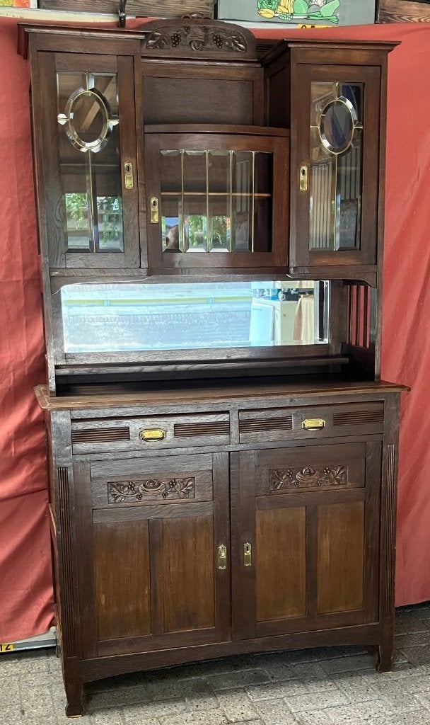 Antieke eiken buffetkast, afm. 125 x 50 x 225 cm m.facetglas, Antiek en Kunst, Ophalen
