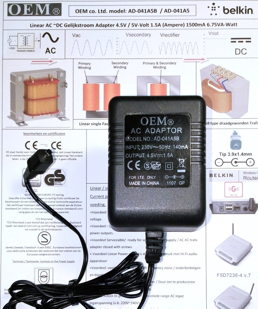 OEM AD-041A5B AC DC Adapter 4.5V 5V 1.5A 7W Oplader F5D7230