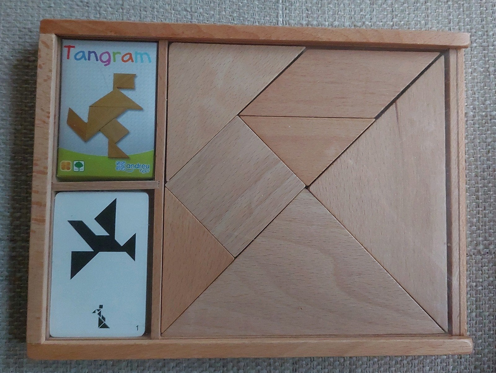 Tangram houten puzzel met voorbeeldkaarten, Ophalen of Verzenden, Zo goed als nieuw, Puzzelen