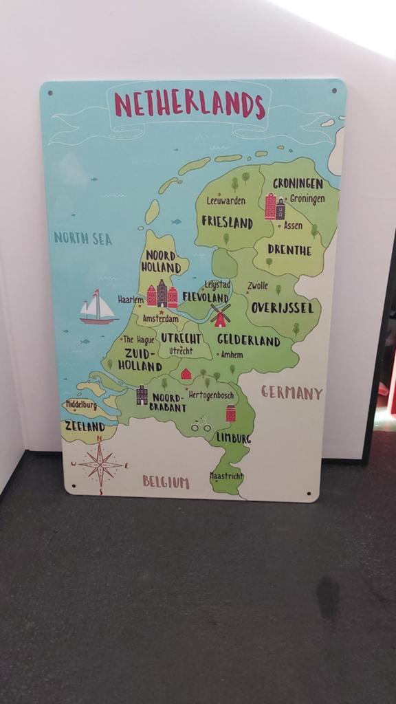 Metalen wandbord Nederland kaart 20x30cm, Metaal, 30 cm, Industrieel, 20 cm