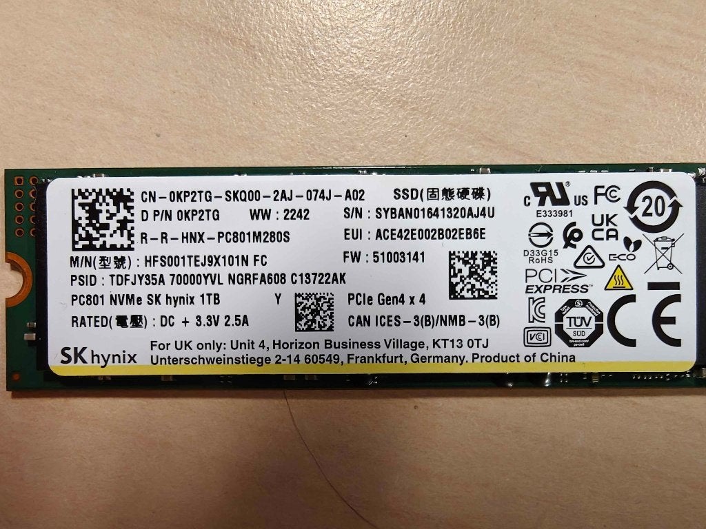 1TB SK Hynix PC801 NVMe M.2 SSD, Computers en Software, Harde schijven, Ophalen, SSD, Zo goed als nieuw, 1TB