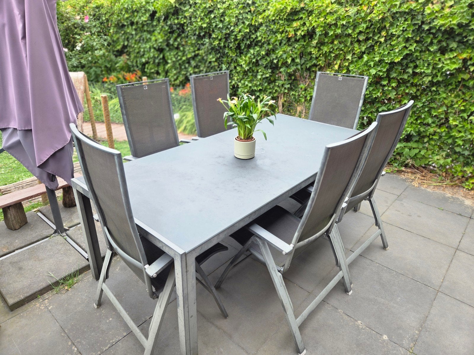 Aluminium tuinset met glazen blad en 6 verstelbare stoelen, Tuin en Terras, Ophalen, Gebruikt, Aluminium
