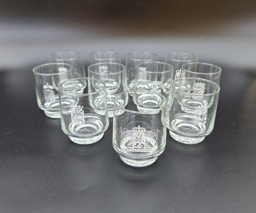 11 Whiskey glazen met provincie wapenschild, Glas of Glazen, Ophalen of Verzenden, Overige stijlen, Glas