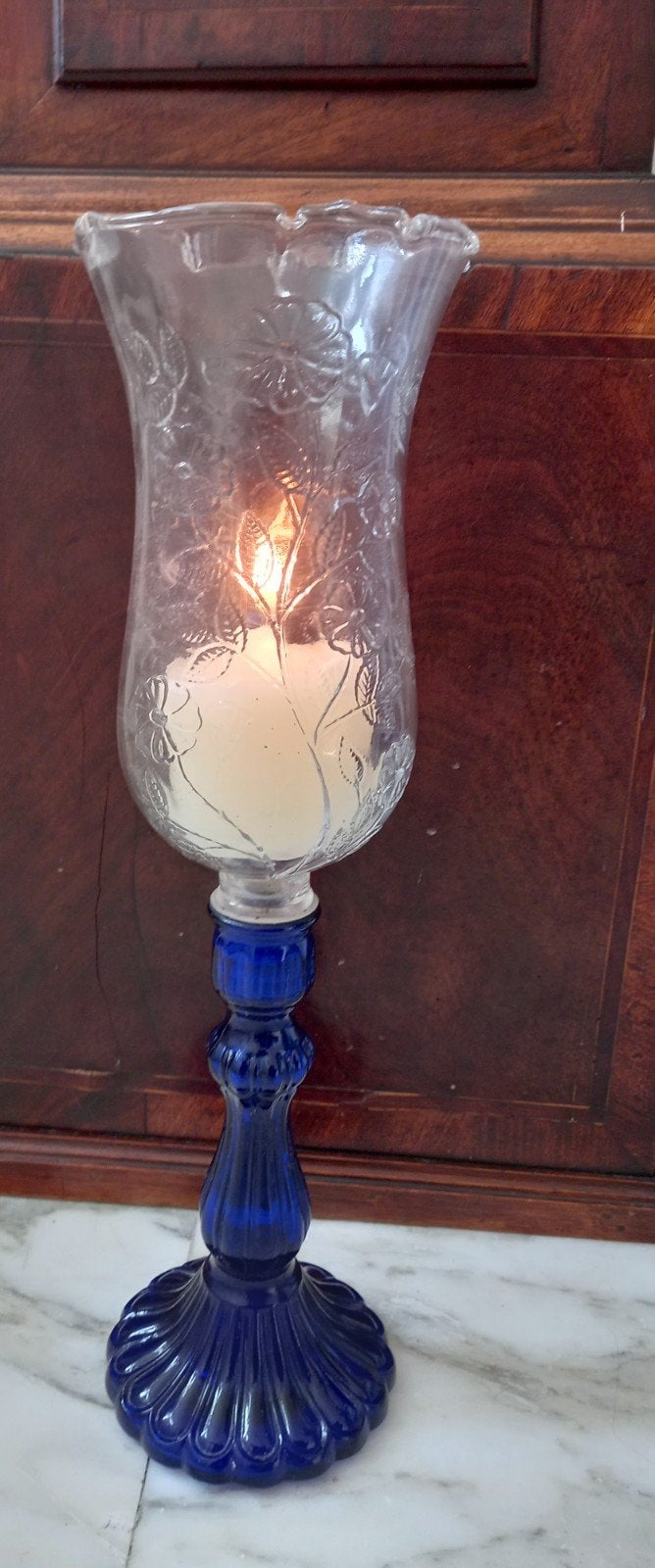 Glazen kandelaar met blauwe voet, Ophalen of Verzenden