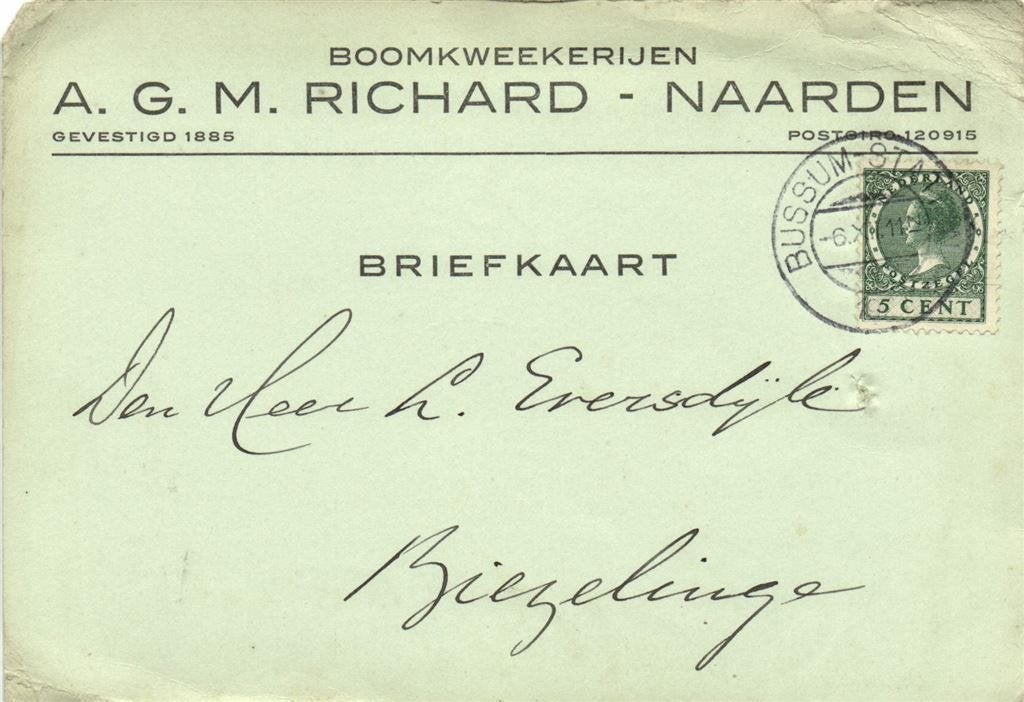 Boomkweekerijen A.G.M. Richard - Naarden - 12.1927 - briefka, Ophalen of Verzenden, Briefkaart