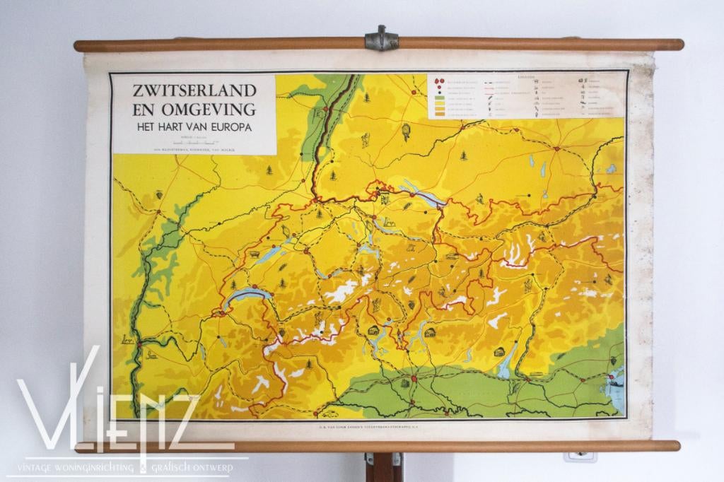 Vintage schoolkaart, schoolplaat, poster Zwitserland, Europa, Antiek en Kunst, Antiek | Schoolplaten, Ophalen, Aardrijkskunde