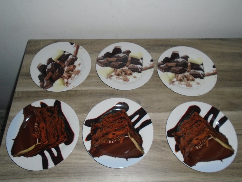 6 dessertborden met chocoladetaart print, Verzenden, Keramiek, Zo goed als nieuw, Bord(en)