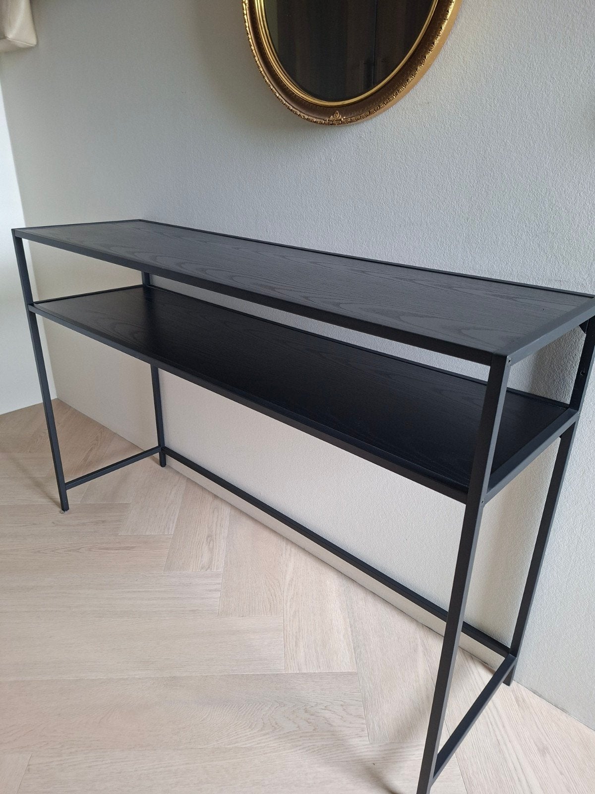 Zwarte sidetable met 2 planken, Huis en Inrichting, Ophalen, Gebruikt, Modern industrieel, 75 cm of meer