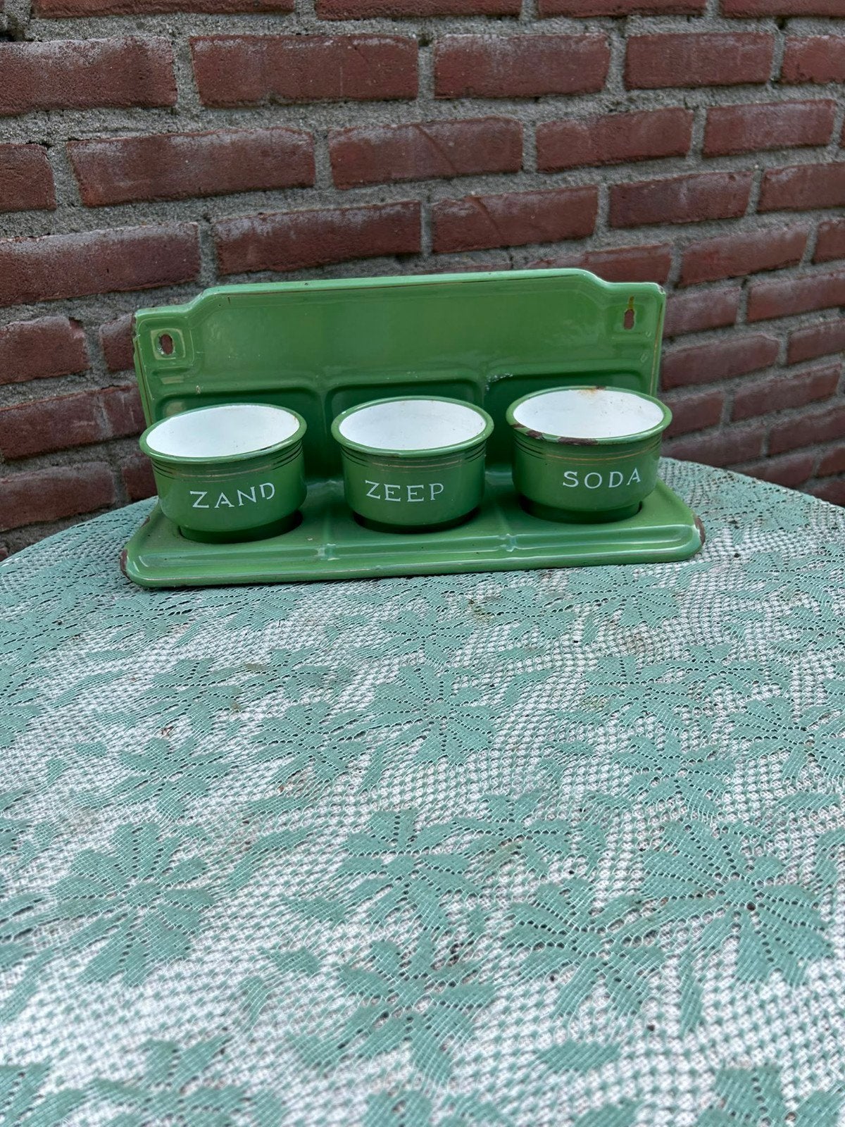 Vintage Groene Emaille Zand Zeep Soda Rekje, Antiek en Kunst, Ophalen of Verzenden