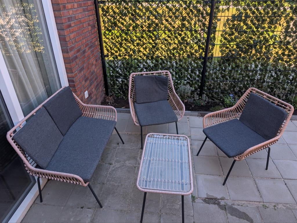 Complete tuinset met kussens: bank, stoelen en tafel, 4 zitplaatsen, Ophalen of Verzenden, Tuinset, Bank