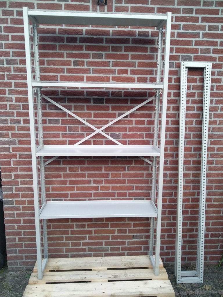 3 + 4 strekkende meter Professionele Metalen stellingkasten, Ophalen, Zo goed als nieuw