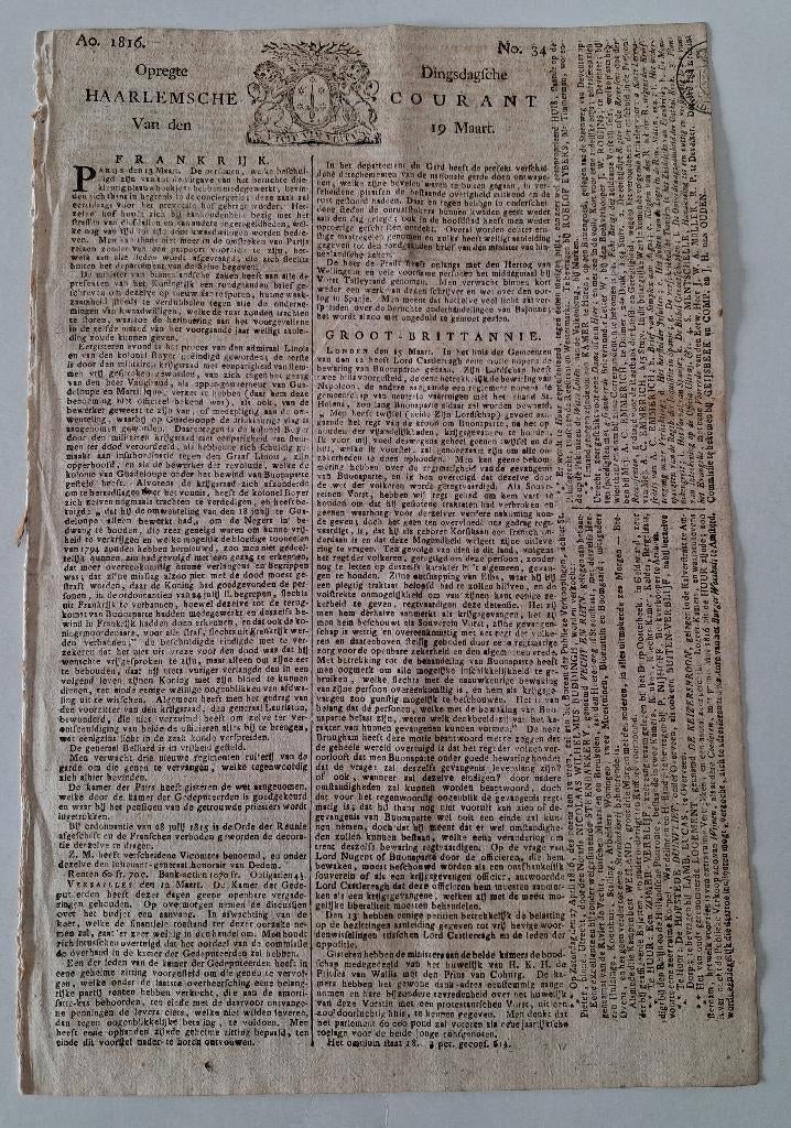 Opregte Dinsdagsche Haarlemsche Courant 19 Maart 1816, Verzenden, Gelezen, Krant