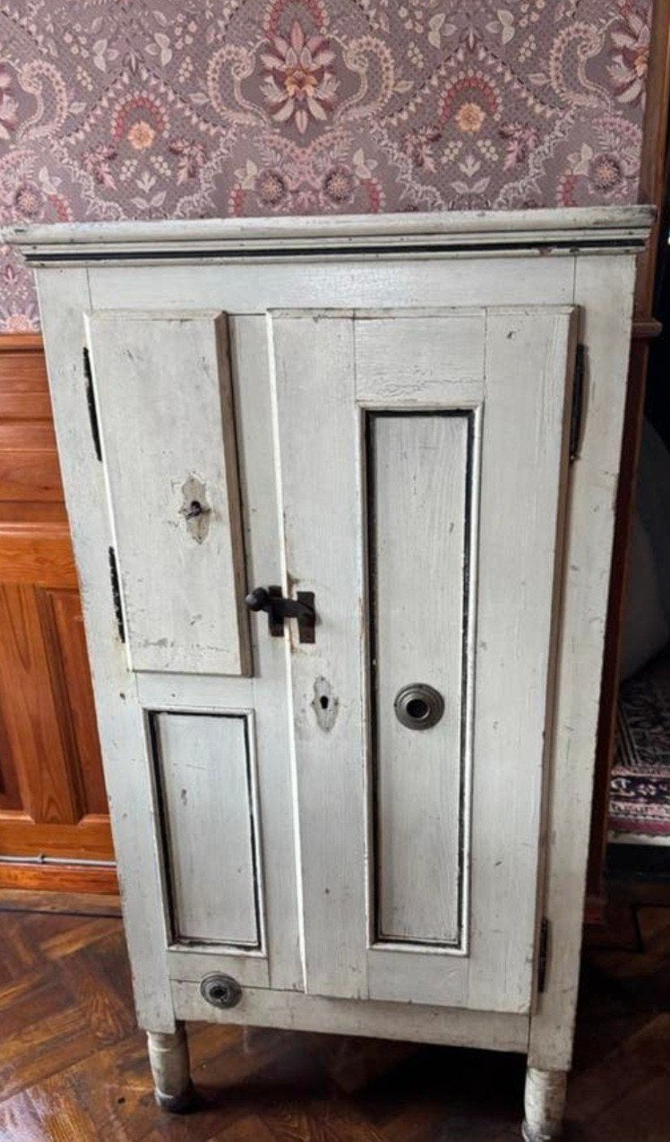 Antieke oude brocante ijskast kast zinken bekleding, Ophalen