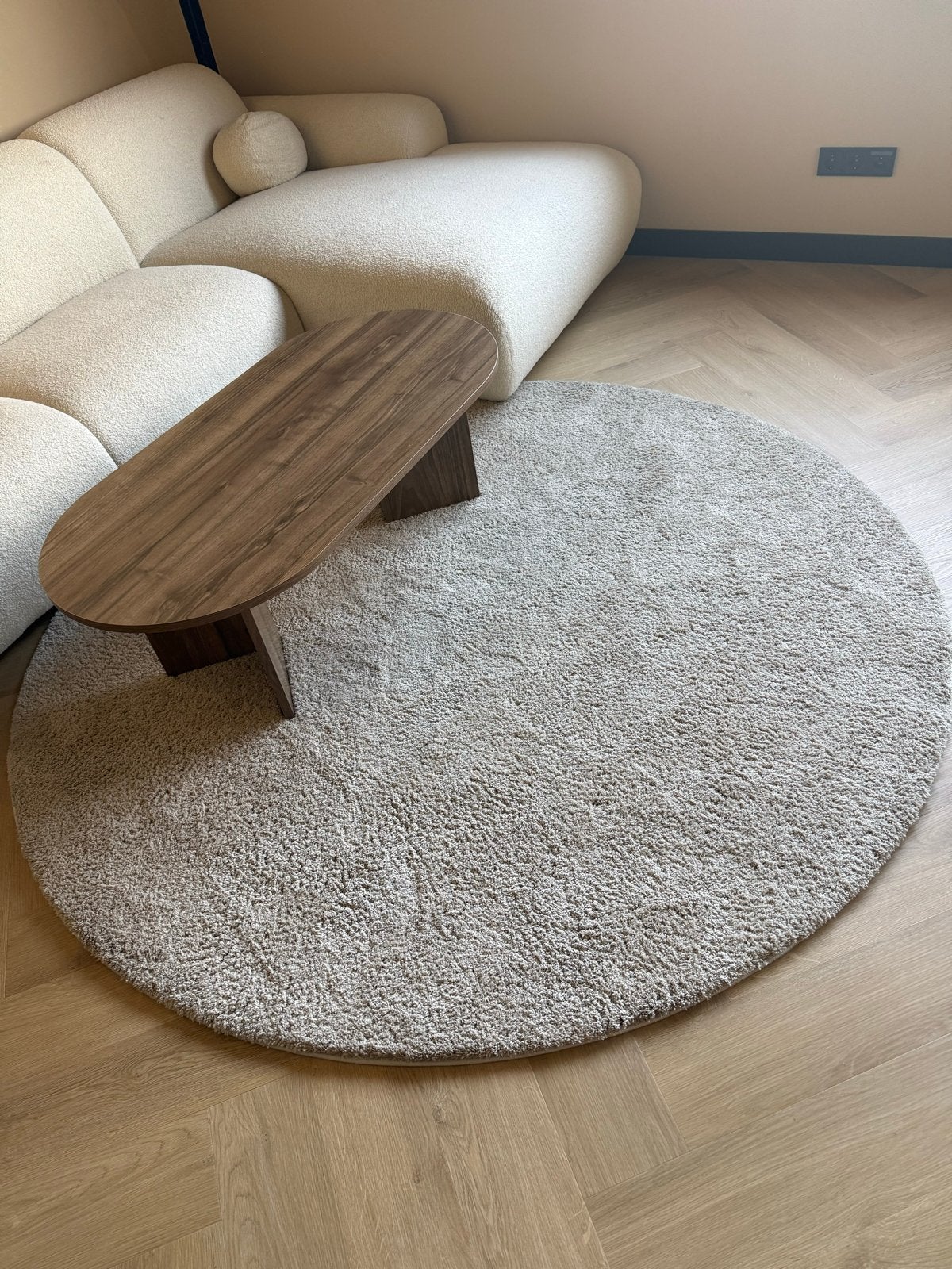 Rond tapijt - Crème/Beige hoogpolig vloerkleed, Ophalen, Rond, 200 cm of meer, Zo goed als nieuw