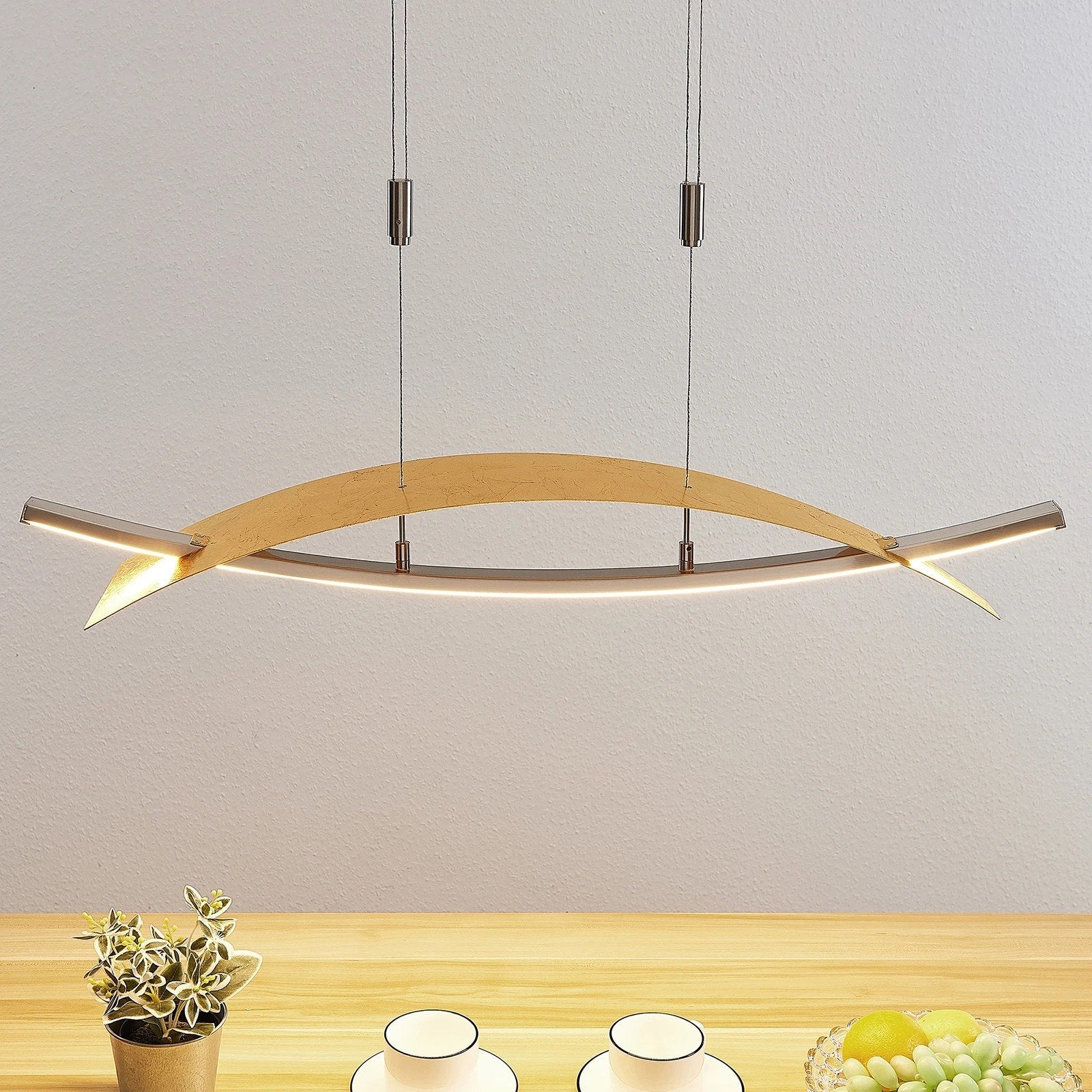 Lucande LED hanglamp Marija, 91 cm, goudkleurig, dimbaar, Huis en Inrichting, Ophalen of Verzenden, Zo goed als nieuw, Kunststof