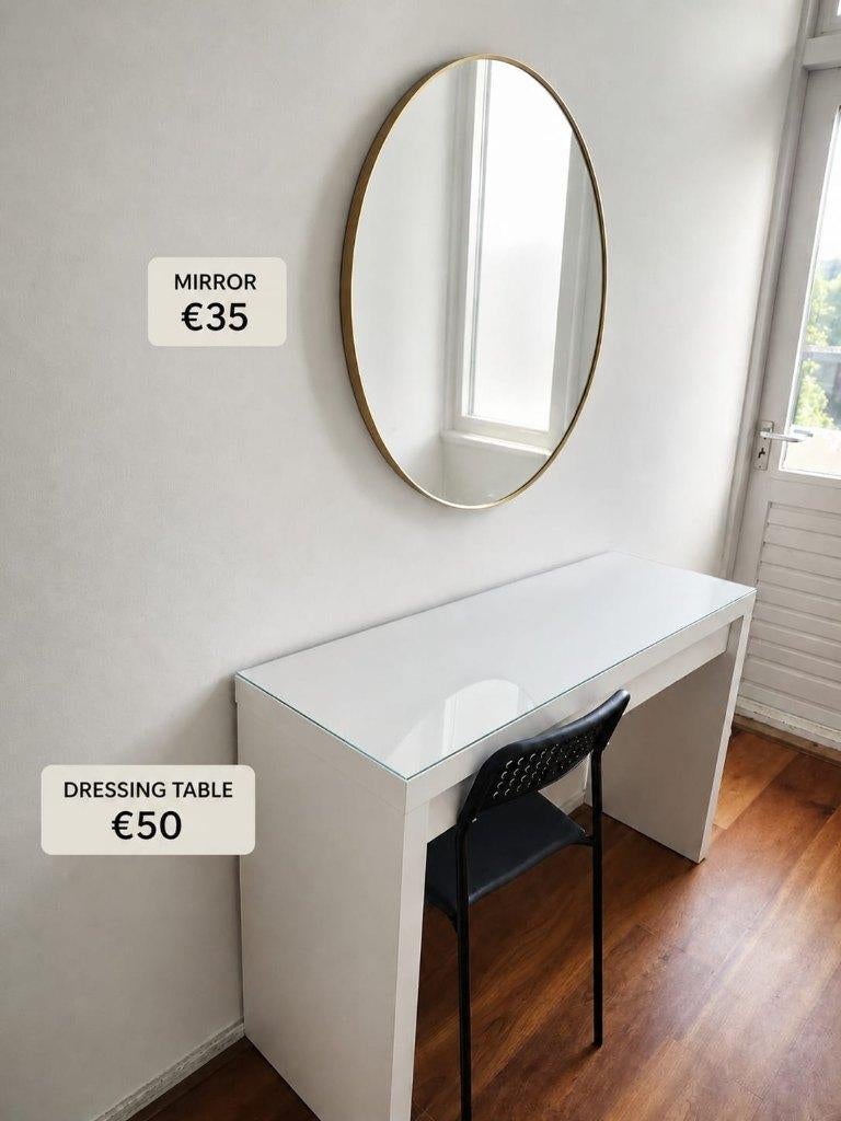 IKEA MALM kaptafel + LINDBYN spiegel goud, Minder dan 50 cm, Ophalen of Verzenden, Zo goed als nieuw, Minder dan 100 cm