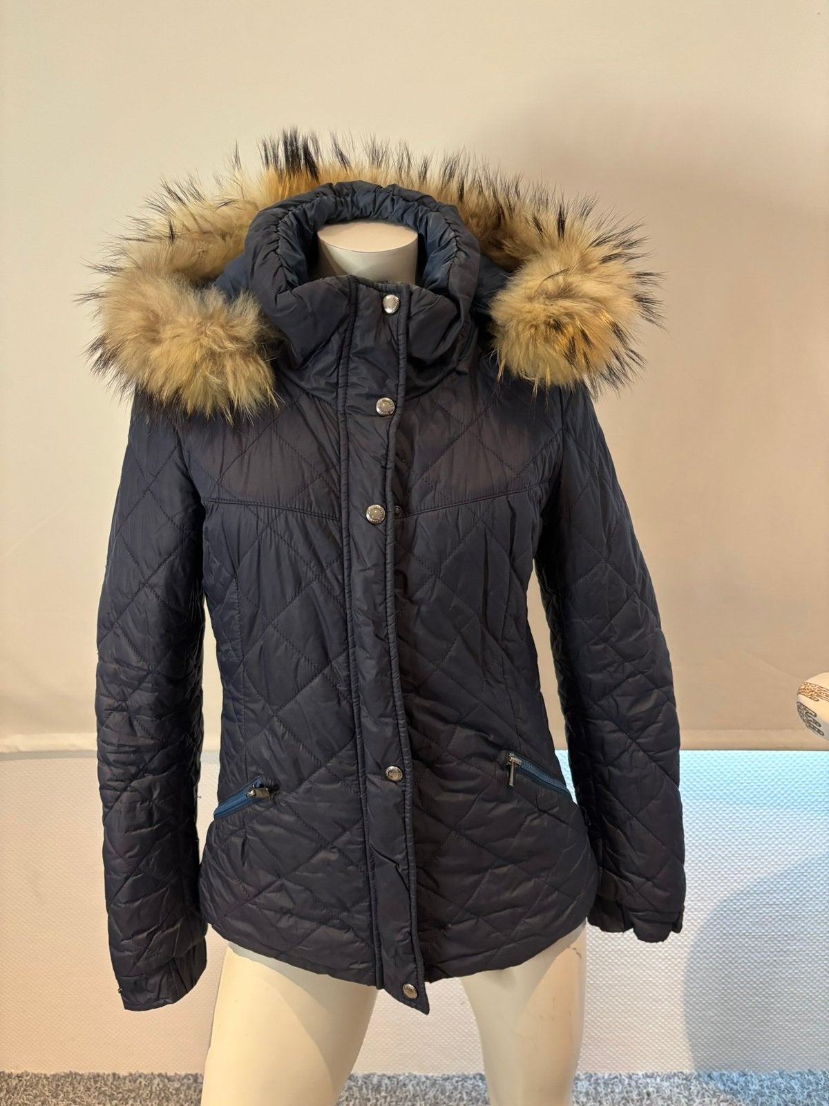 Baldinini blauwe jas met mooie bontkraag maat it 44 nl 38, Maat 38/40 (M), Blauw, ., Ophalen of Verzenden