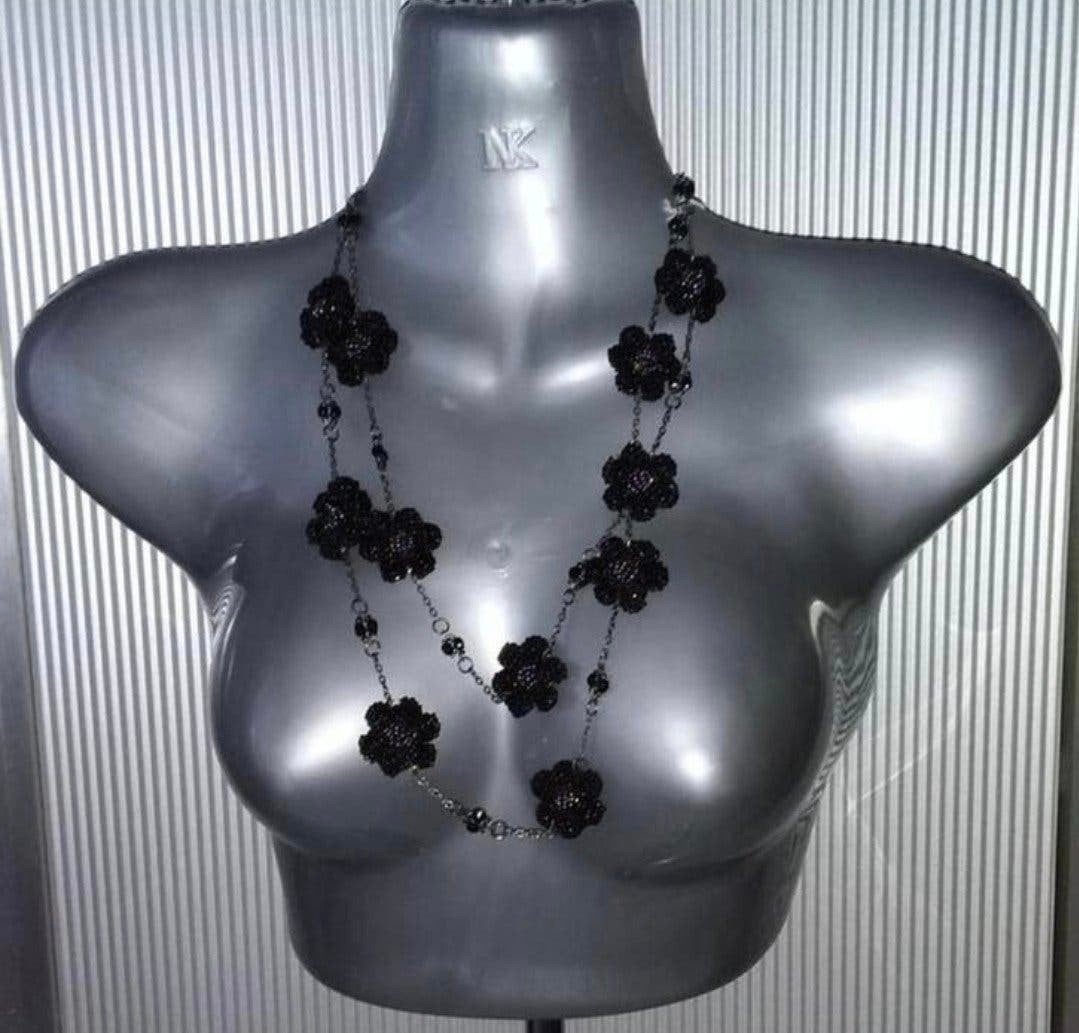 Manouk - ketting metbloemen van rocailles  3=2 actie., Verzenden, Nieuw, Zwart, Overige materialen