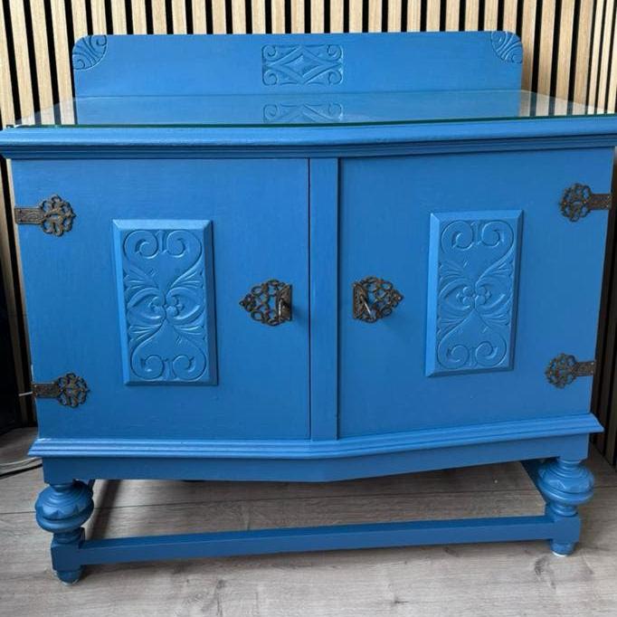 Antiek, houten kastje/ dressoir in mat blauw, Ophalen, Zo goed als nieuw, 25 tot 50 cm, 50 tot 100 cm