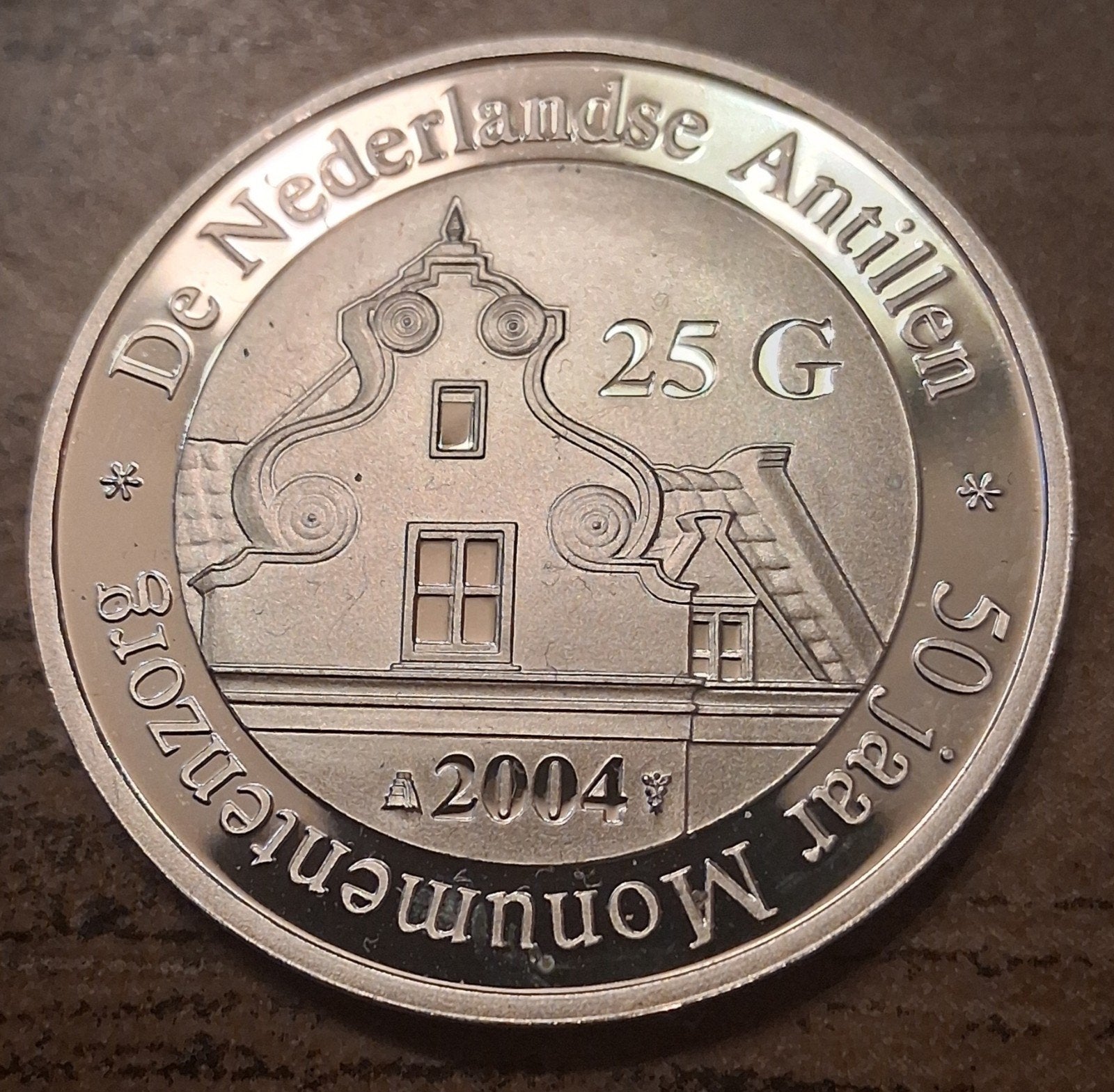 25 Gulden Nederlandse Antillen 2004 - 50 Jaar Monumentenzorg, Koningin Beatrix, Zilver, Losse munt, Overige waardes