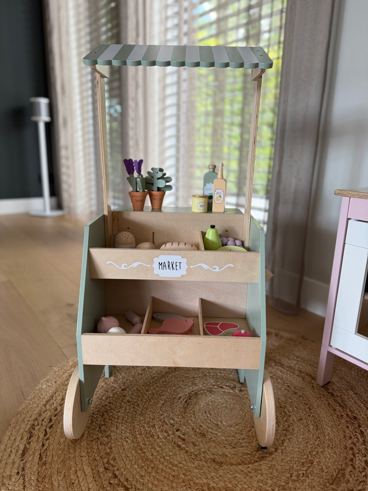 Houten Marktkraam Speelgoed met Accessoires, Ophalen, Zo goed als nieuw, Jongen of Meisje