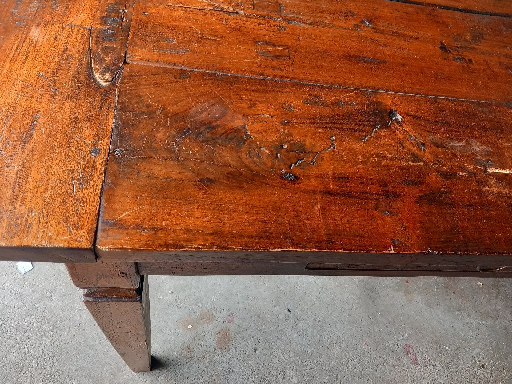 teak houten eettafel L 230 x br.90 H 79 cm blad 3 cm 2 lades, Ophalen, Gebruikt, Teakhout, 200 cm of meer
