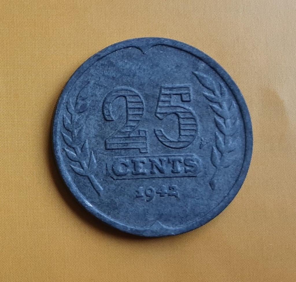 Prachtig zinken kwartje - 25 cent 1942., Verzenden, Koningin Wilhelmina, 25 cent, Losse munt