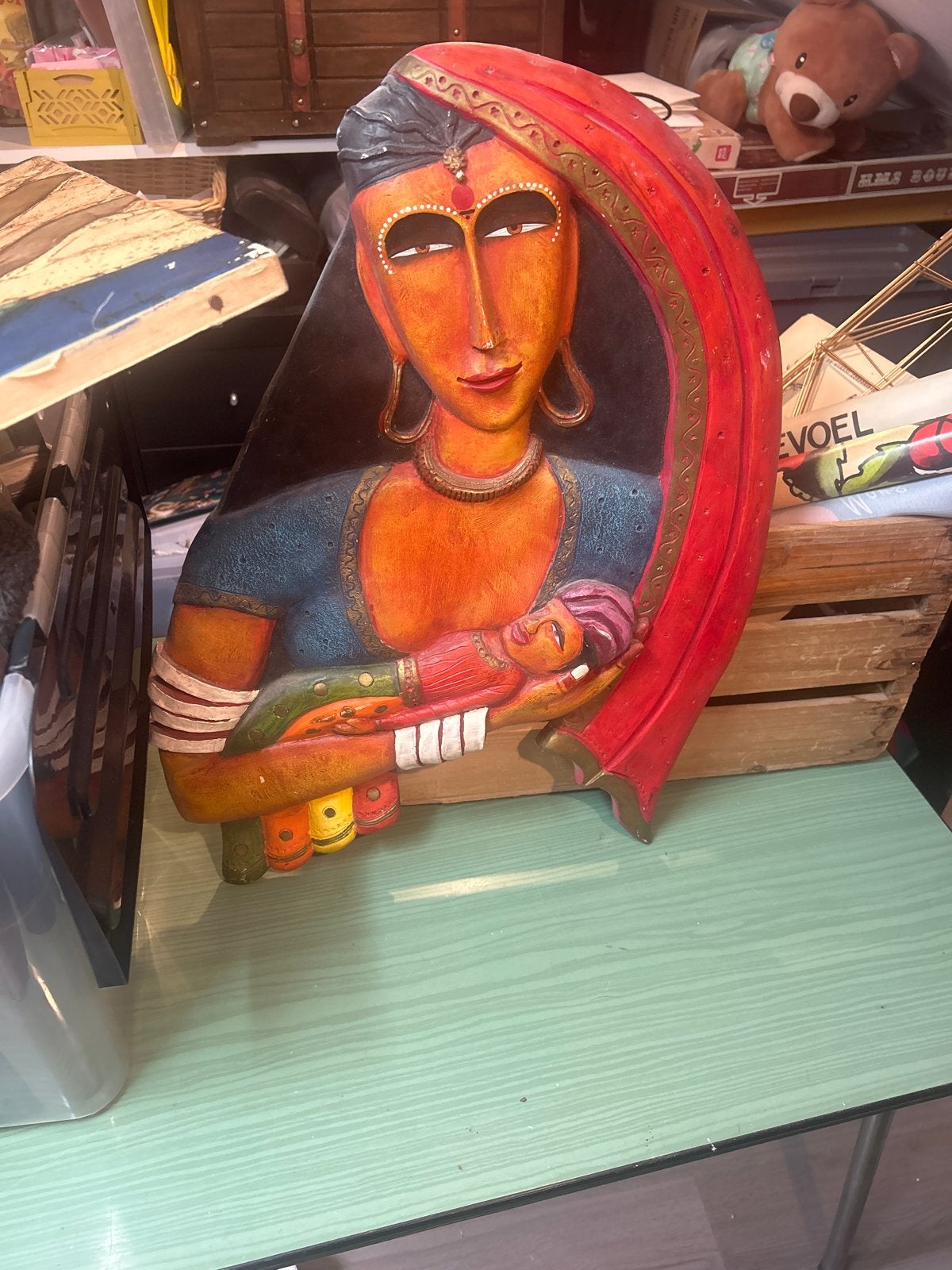 Houtsnijwerk: Afrikaanse Vrouw met Kind - Kleurrijk Teak, Ophalen, Houtsnijwerk, 50 - 100 cm, Hout
