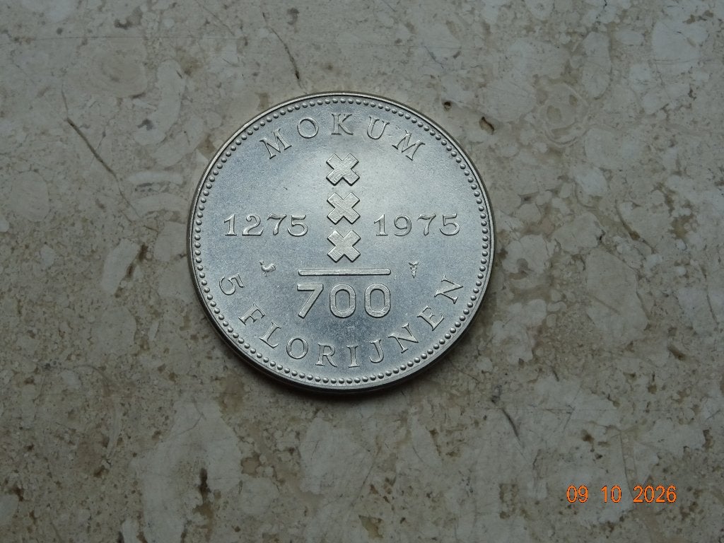 Zilveren 5 Florijnen herdenkingsmunt 1975, Ophalen of Verzenden, Koningin Juliana, Losse munt, Zilver