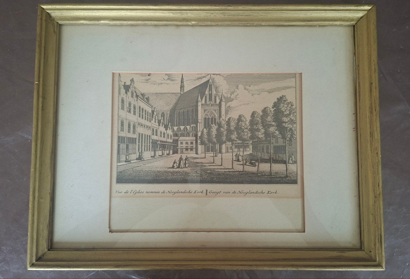Antieke 18e-eeuwse kopergravure Hooglandse Kerk Leiden, Antiek en Kunst, Kunst | Etsen en Gravures, Ingelijst, Stadsgezicht, Ophalen of Verzenden