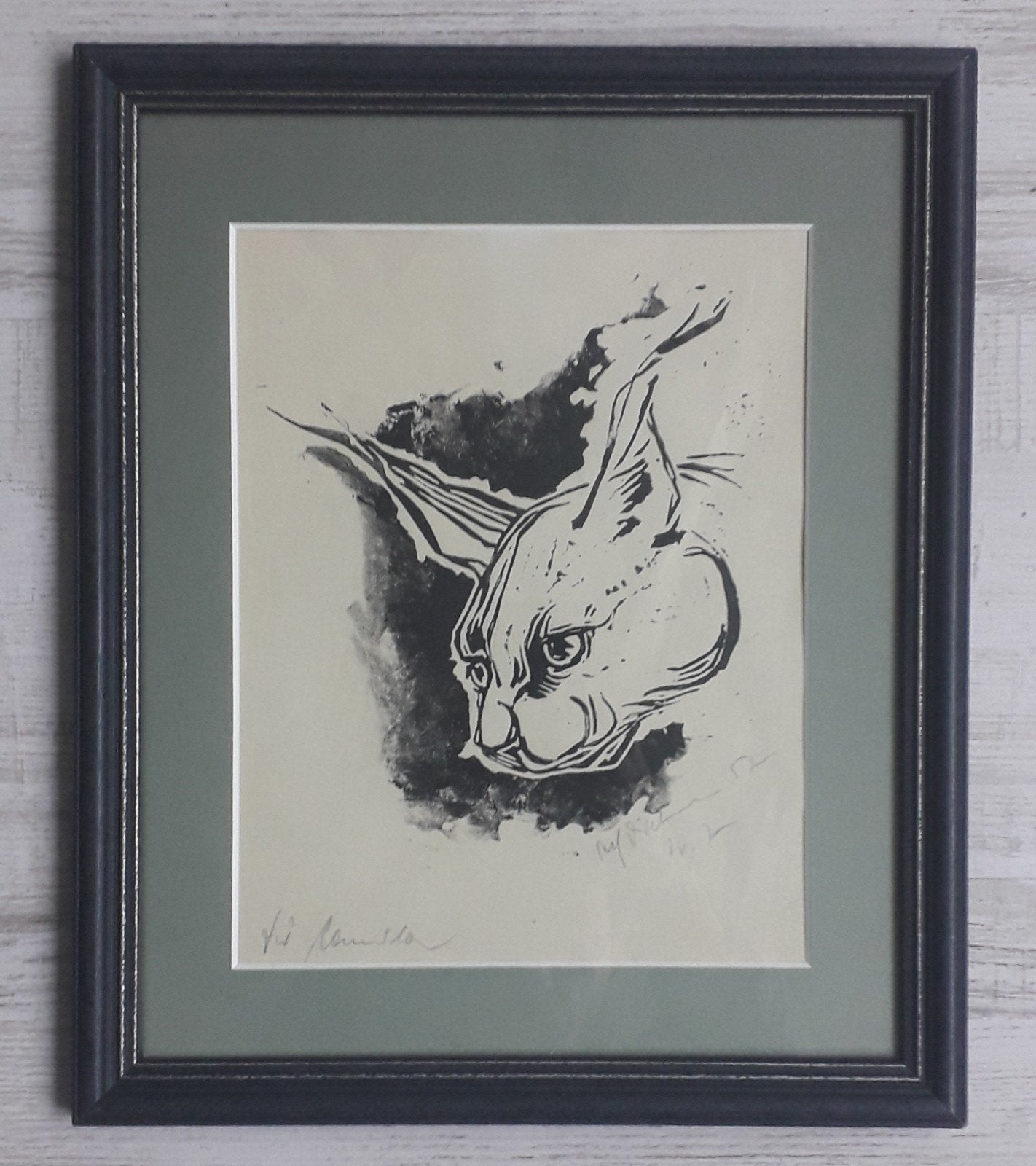KAT 🐈 PORTRET>GESIGNEERDE HOUTSNEDE MET MOOIE LIJST 🐈 POES, Antiek en Kunst, Ophalen of Verzenden