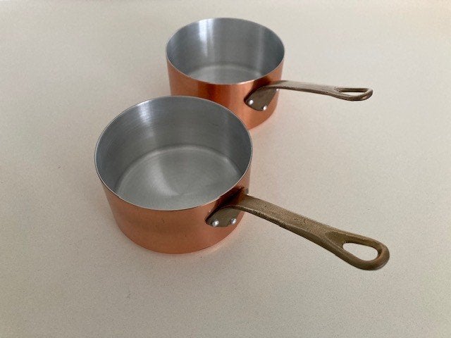Vintage set van 2 koperen steelpannen, Tournus, France, Ophalen of Verzenden, Koper