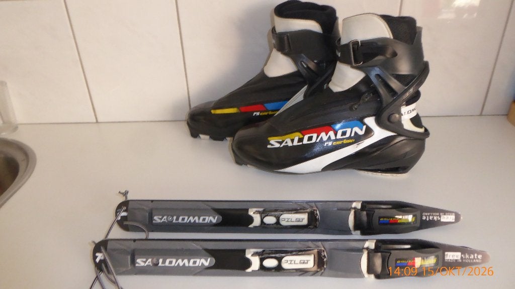 Salomon schaatsschoenen (mt.44) met Free Skate ijzers, Overige merken, Klapschaats, Gebruikt, Combinoren