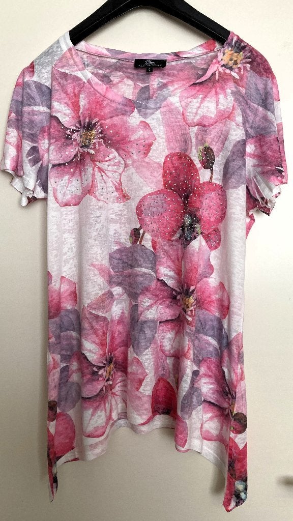T-shirt met bloemenprint en strass steentjes mt L, Kleding | Dames, AL PARADISE, Maat 42/44 (L), Ophalen of Verzenden, Zo goed als nieuw