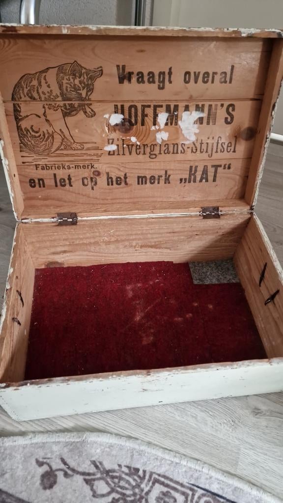 Antieke Hoffmann's Zilverglans Stijfselkist - Kat Merk, Ophalen