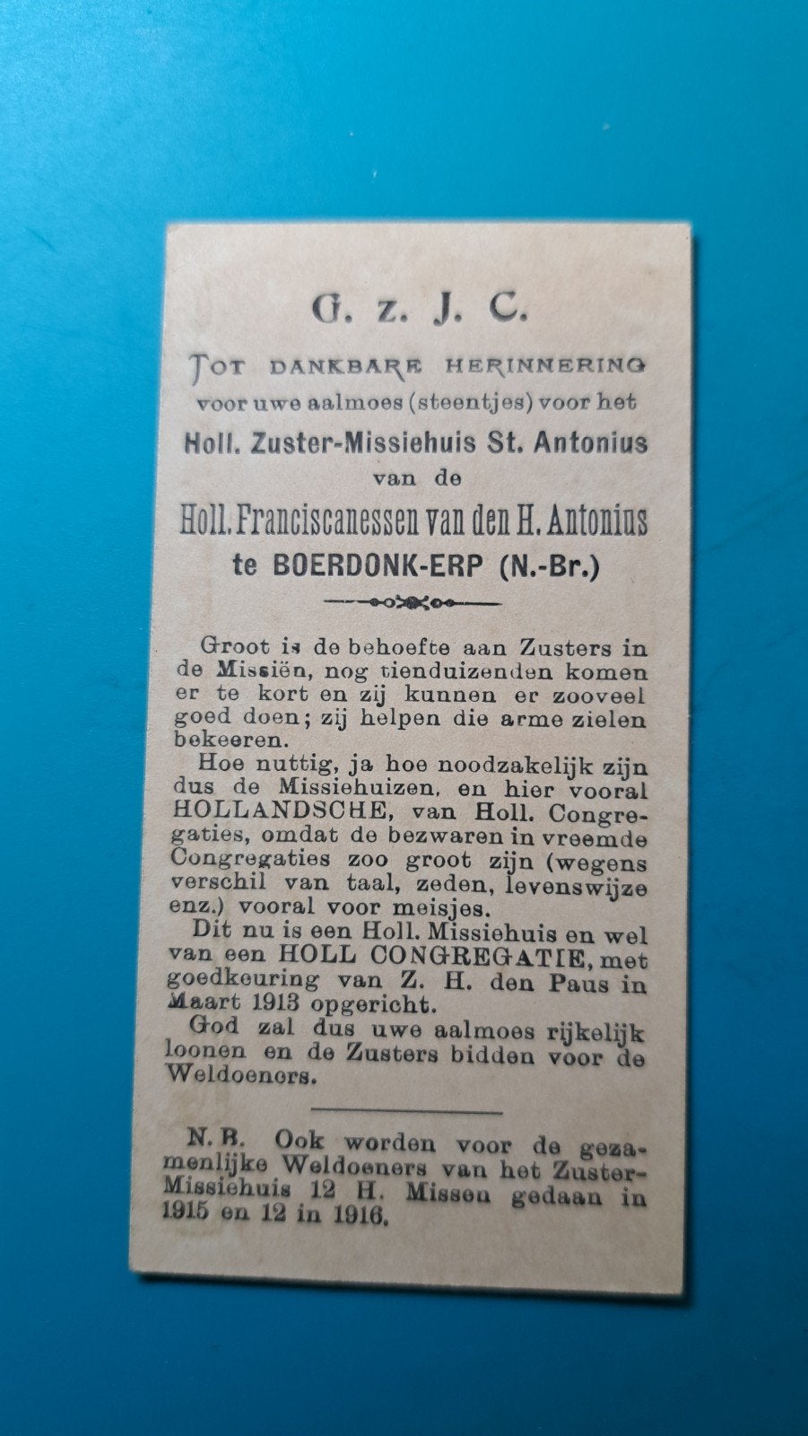 Boerdonk. Hollandse Franciscanessen van de H. Antonius 1913, Verzenden, Bidprentje