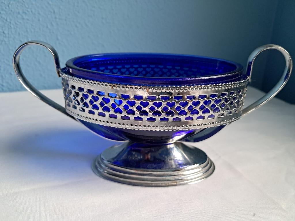 Vintage kobaltblauwe glazen suikerpot of jampot., Ophalen of Verzenden