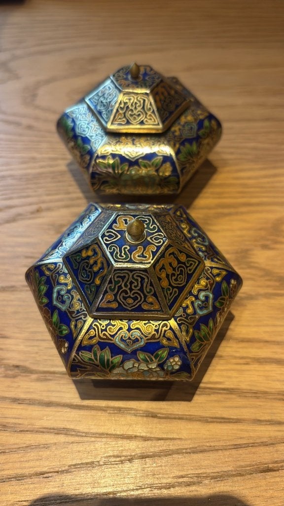 Set Vintage Chinese Cloisonné Doosjes, Diepblauw, 7 x 9 cm, Ophalen of Verzenden