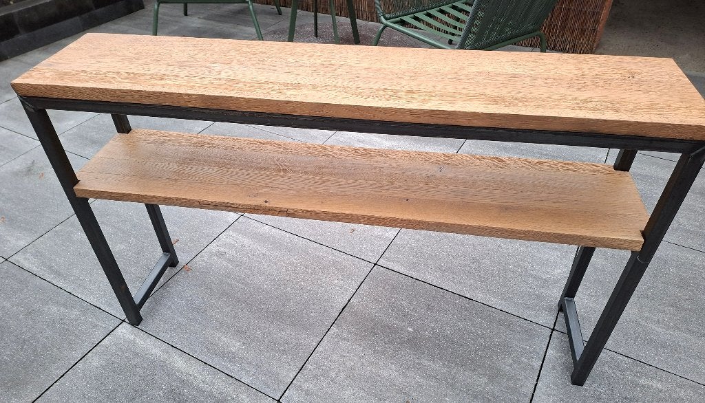 Eikenhouten console tafel met metalen frame, Ophalen, Gebruikt, 100 tot 150 cm, Industrieel, Modern