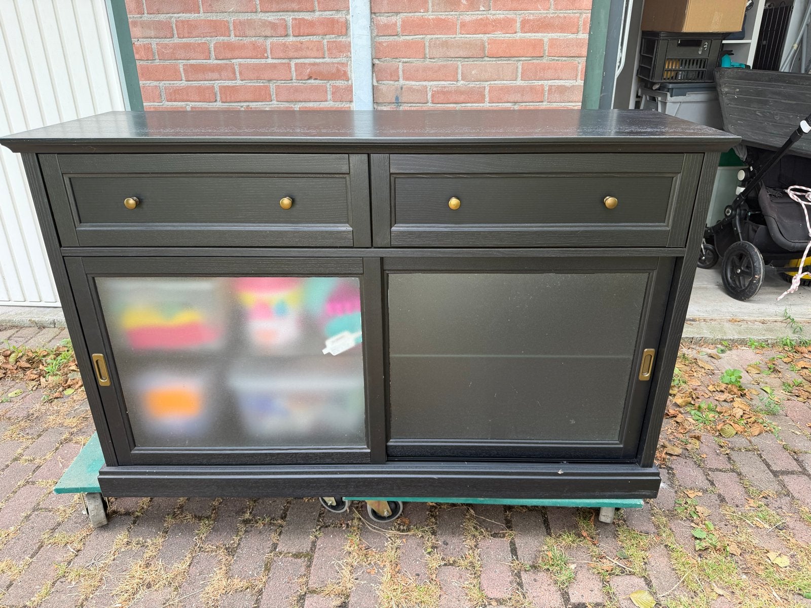 Ikea dressoir Malsjö Zwart met lades en schuifdeuren, Ophalen, Gebruikt, 100 tot 150 cm, Met lade(s)