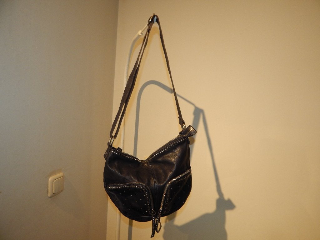 ABRO leren schoudertas zilveren studs merk hanger blauw, Ophalen of Verzenden, Zo goed als nieuw, Blauw, Schoudertasje