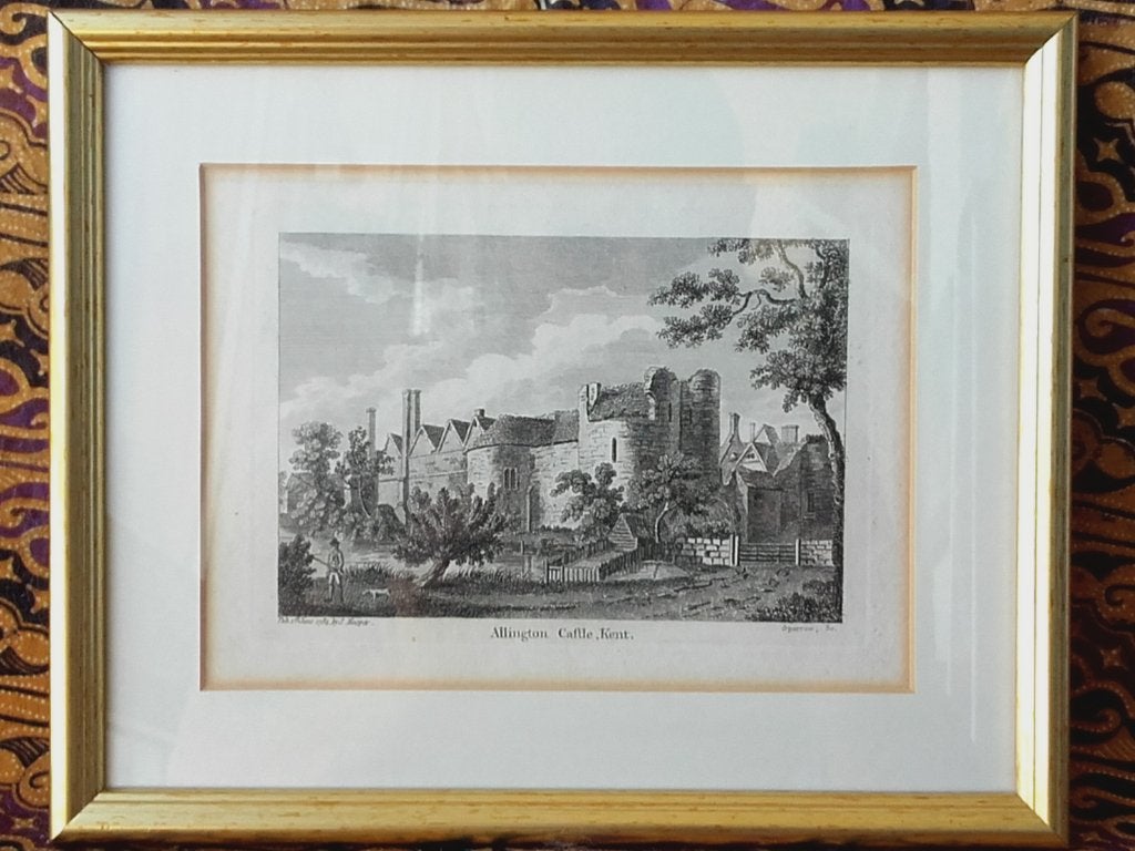 Mooie antieke ingelijste Engelse ets van Allington castle., Ingelijst, 1800 - 1899, Ophalen of Verzenden, Gravure
