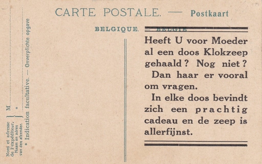 Unieke antieke reclamekaart Klokzeep Oostende (ca. 1910), Verzamelen, Verzenden, Gebruikt, Overige typen