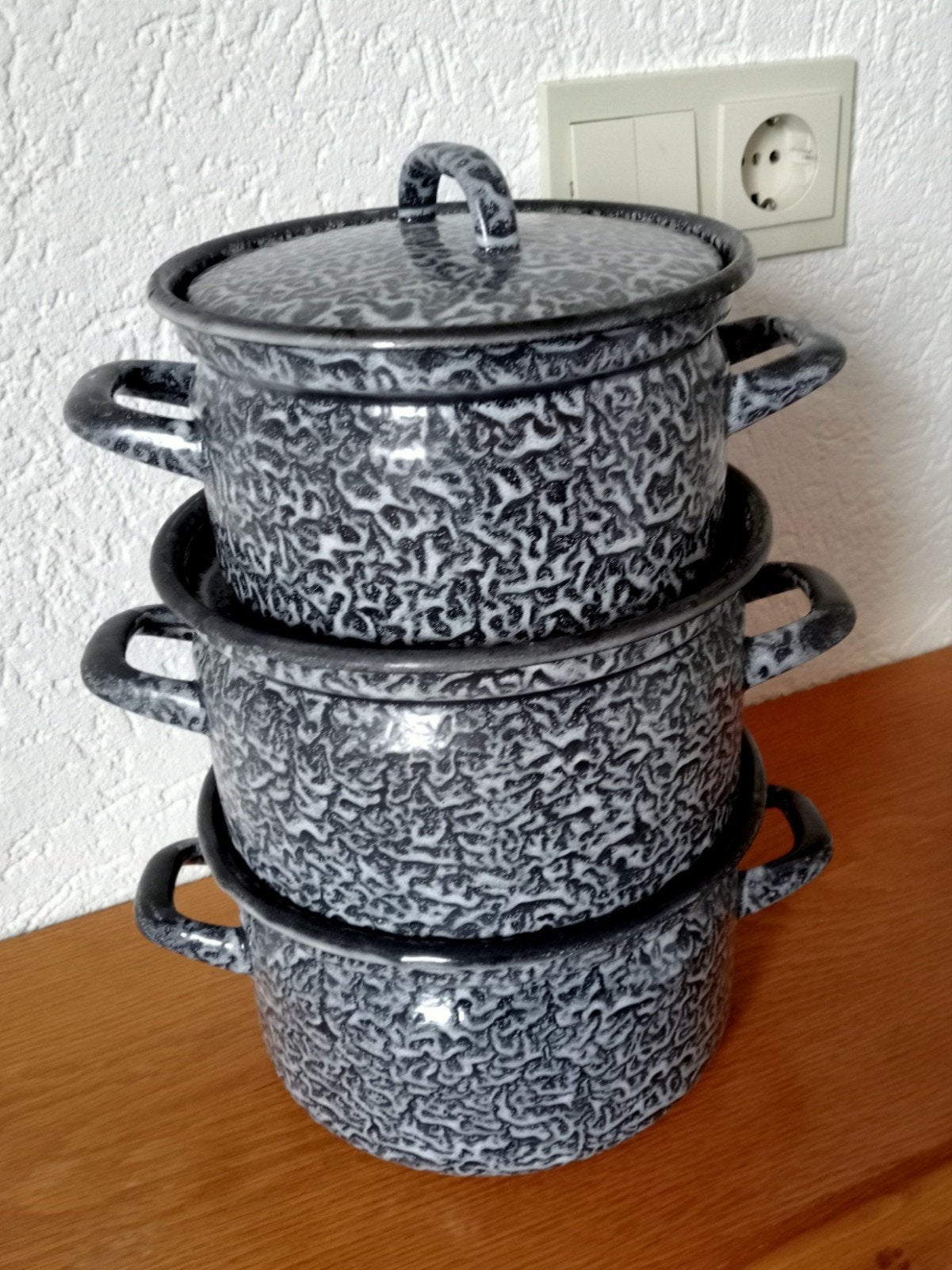 3 emaille pannen, grijs gewolkt, Ophalen of Verzenden