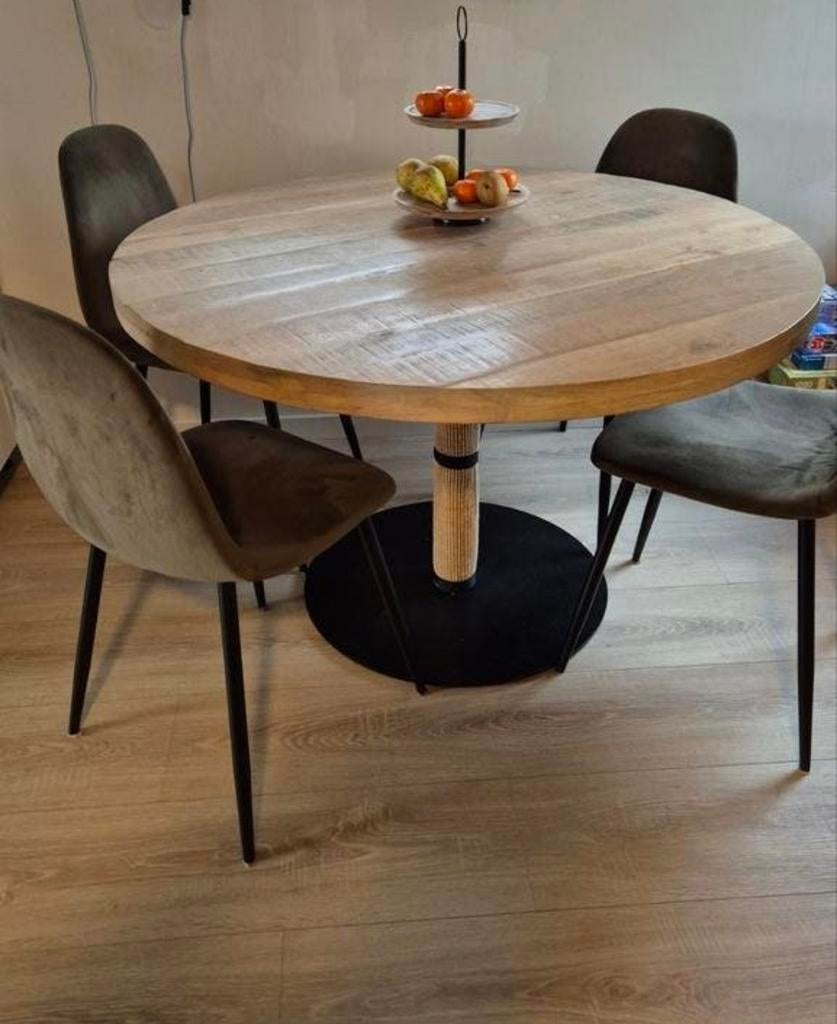 Eettafel Woood mangohout, Huis en Inrichting, Ophalen, Rond, Zo goed als nieuw, Vier personen