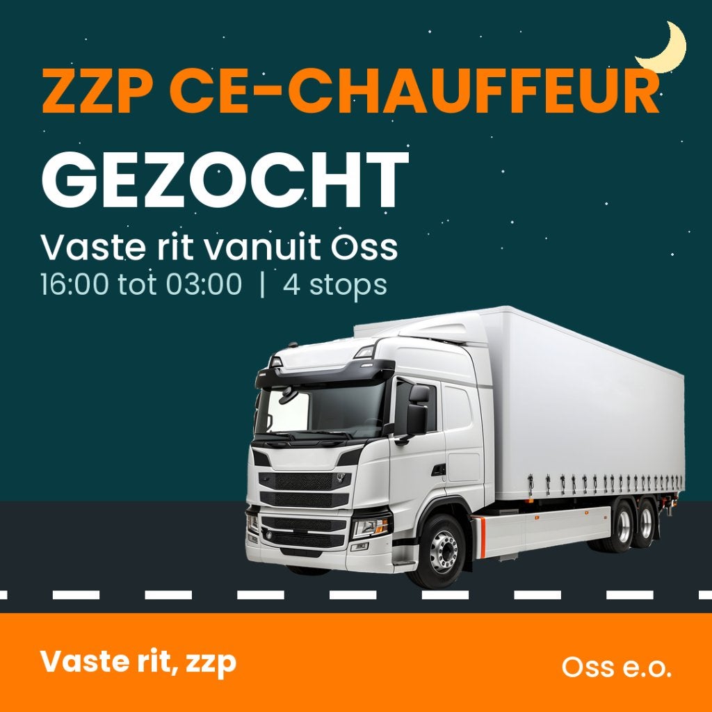 Zzp CE-chauffeur gezocht, vaste nachtrit Oss 16:00 tot 03:00, 33 - 40 uur, Overige niveaus, Vanaf 1 jaar, Overige vormen