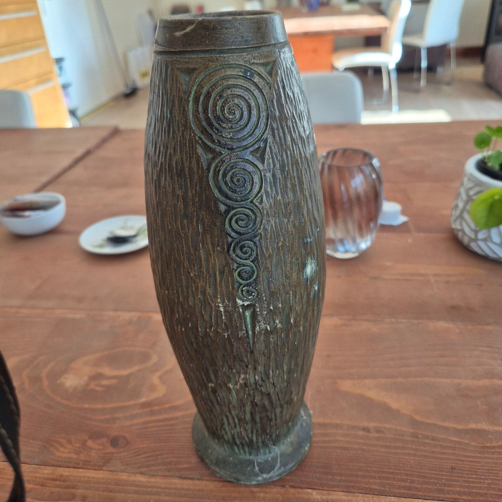 Vintage bronzen vaas met spiraaldecoratie, Ophalen of Verzenden