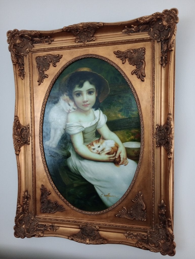 Groot schilderij Girl with kittens, Antiek en Kunst, Ophalen, Doek, Portret of Personen, Olieverf